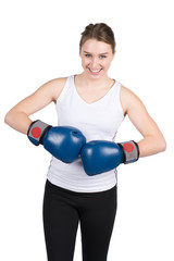 Frau h&auml;lt Boxhandschuhe gegeneinander