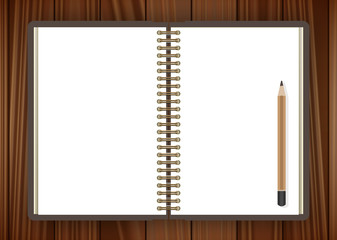 Open notebook and pencil page on wooden background - illustratio