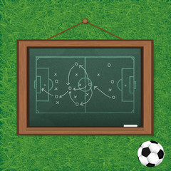 Realistic blackboard on wooden background drawing a soccer game