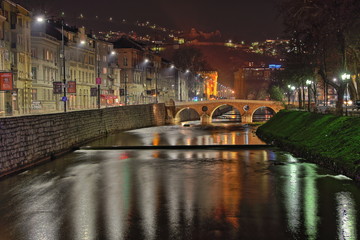 Night view of  Latin Bridge, Sarajevo - obrazy, fototapety, plakaty