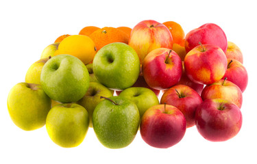 Oranges, red and green apples isolated on white background.