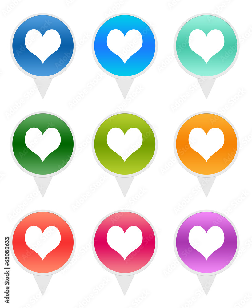 Poster set of rounded icons for markers on maps with heart symbol