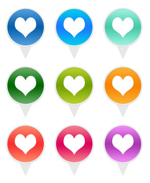 Set of rounded icons for markers on maps with heart symbol