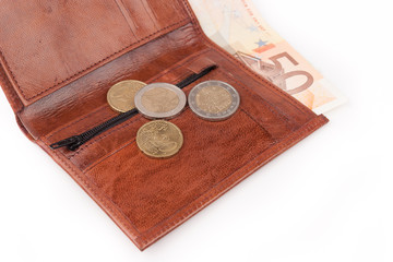 Brown wallet with EU money