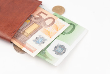 Brown wallet with EU money