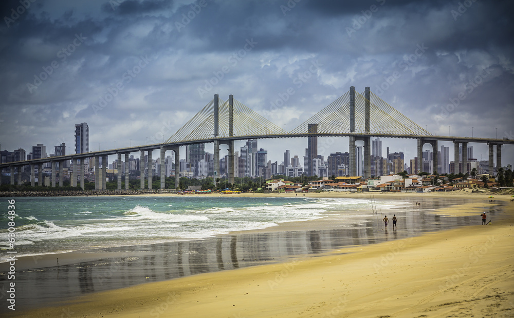 Wall mural city of natal beach with navarro bridge, brazil