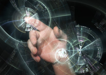 Hand pointing behind shiny circles