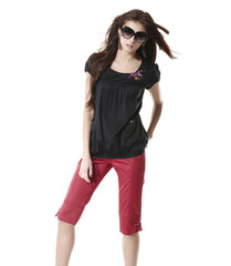 Fototapeta premium shot of girl with sunglasses posing on white background