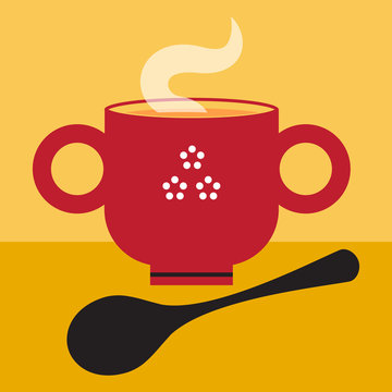 red mug steaming, black spoon, yellow background clip art preview