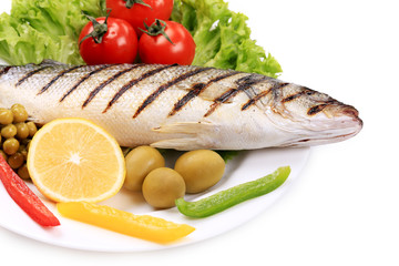 Grilled seabass on plate.