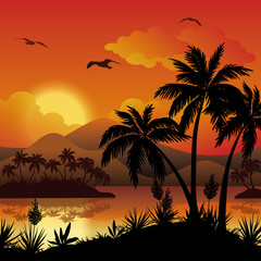 Obraz na płótnie Canvas Tropical islands, palms, flowers and birds