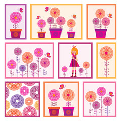 Set of illustrations with decorative flowers.