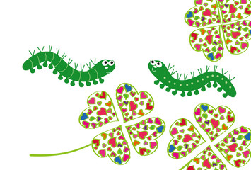 青虫とハートの四葉のクローバー