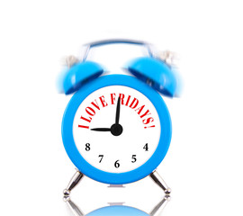 I love Fridays! Alarm clock ringing isolated on white