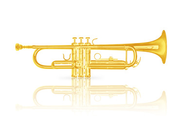 Gold trumpet instrument on white background.