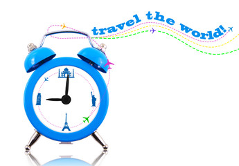 Travel the world! Clock with landmarks on dial isolated