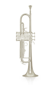 Silver trumpet instrument on white background.