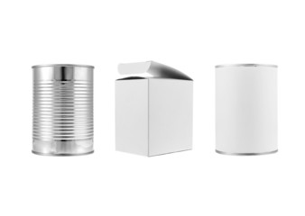 Metal can and various white box packages