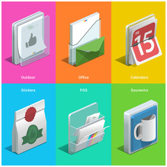 Printing isometric icons on a colorful background