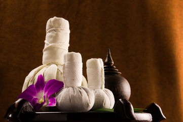 Spa herbal compressing ball with wooden casket and orchid