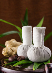 Spa herbal compressing ball with herbs and leaf .