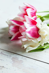 Tulip flowers in white basket