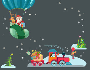 Funny Color Christmas background with a toy train with gifts
