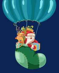 Funny Color Christmas background with hot air balloon with Santa