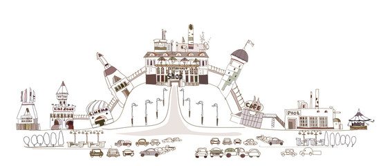 Shopping centre illustration with cafes, restaurants, cinema