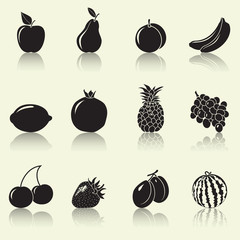 fruits and berries, silhouettes: apple, pear, banana