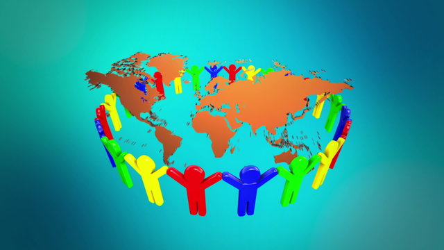 People Holding Hands Around the world map 3d