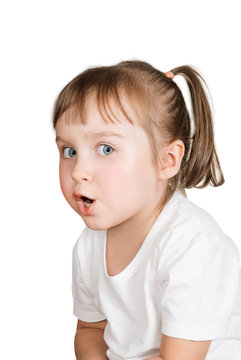 cute little girl very surprised against white background