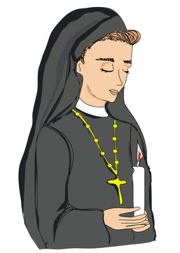 nun holding candle, praying, black robes