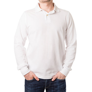 White polo shirt with a long sleeve on a young man