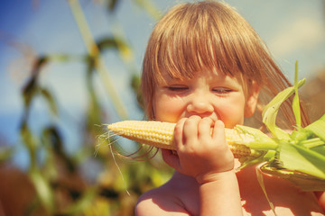 Little girl eating corn