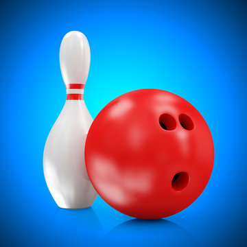 Bowling Ball and Skittles on blue gradient background