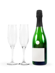 Bottle of champagne and glasses isolated on white