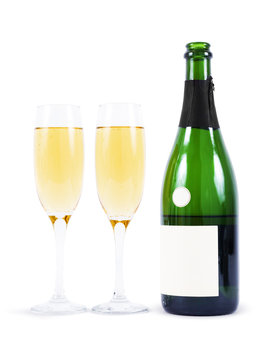 Bottle of champagne and glasses isolated on white