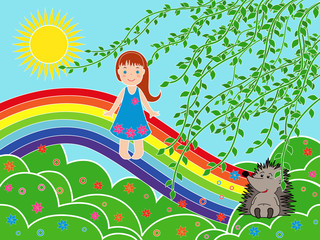 Obraz na płótnie Canvas Small girl on the rainbow in sunny summer day