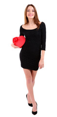 Attractive woman with gift box in form of heart, isolated
