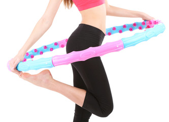 Woman doing exercises with hula hoop isolated on white