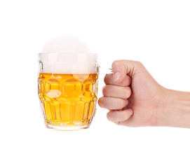Big mug with gold beer in hand.