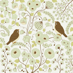 Floral pattern with blue flowers and bird