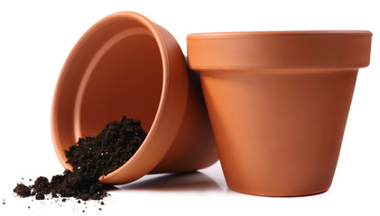 Clay flower pots and soil, isolated on white