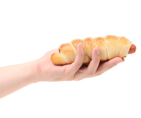 Hand holds a Baked hot dog