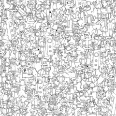 Dance party seamless pattern with doodled youngsters having fun