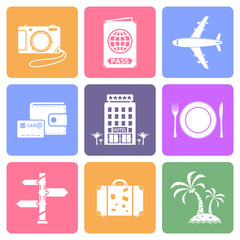 Travel icons set, flat design vector