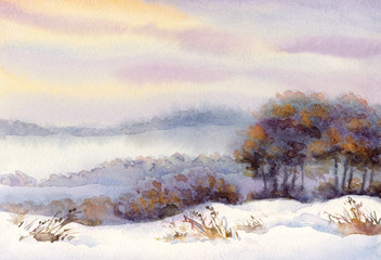 Watercolor winter landscape. Snow-covered valley and trees on th