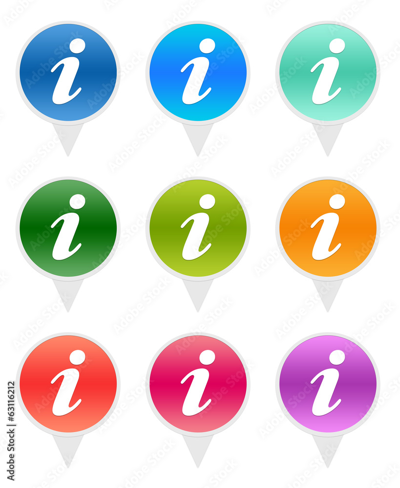 Poster set of rounded icons for markers on maps with information symbol