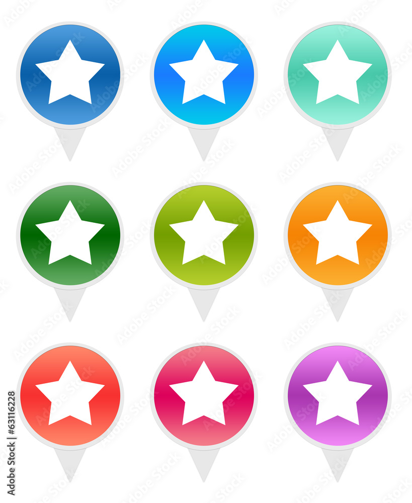 Poster set of rounded icons for markers on maps with star symbol